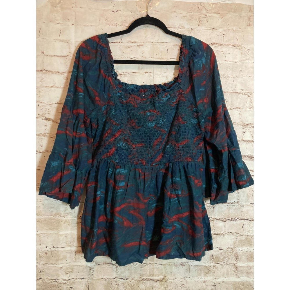 Terra & Sky Babydoll Top Womens 14W Darkest Teal Artsy Smocked Boho Romantic